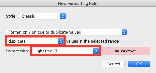 Cara Mencari Data Duplikat di Excel - Screenshot Dialog Box New Formatting Rule Excel dengan Dropdown-dropdownnya