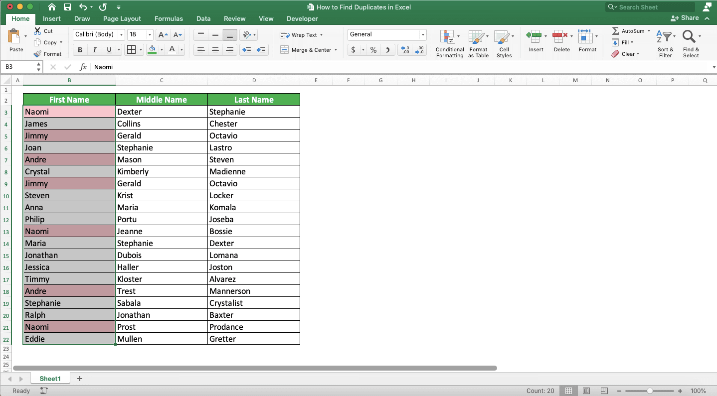 Cara Mencari Data Duplikat di Excel - Screenshot Contoh Hasil Mencari Duplikasi di Excel dengan Conditional Formatting