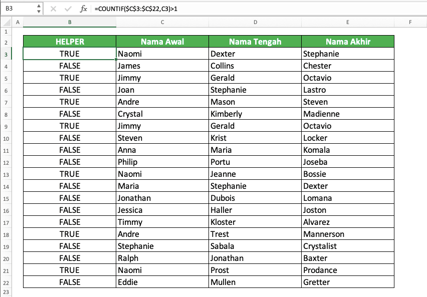 Cara Mencari Data Duplikat di Excel - Screenshot Contoh Hasil COUNTIF untuk Mencari Data Duplikat di Excel