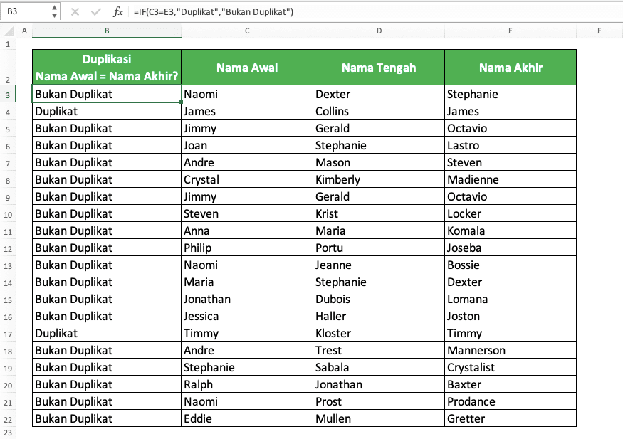 Cara Mencari Data Duplikat di Excel - Screenshot Contoh Hasil Mencari Data Duplikat dalam Dua Kolom di Excel per Baris