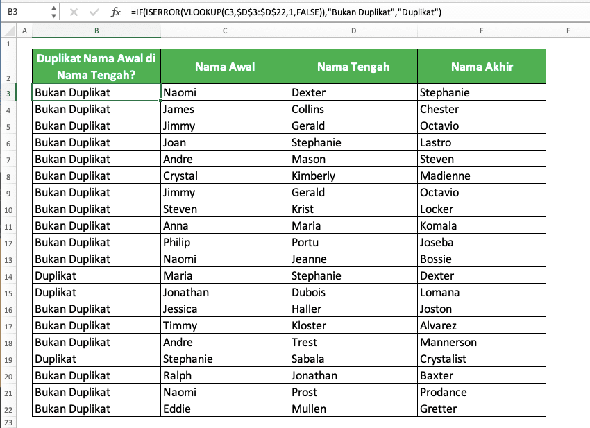 Cara Mencari Data Duplikat di Excel - Screenshot Contoh Hasil VLOOKUP untuk Mencari Data Duplikat dalam Dua Kolom di Excel