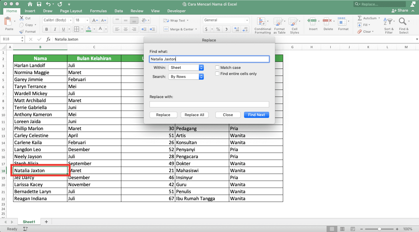 Cara Mencari Nama di Excel - Screenshot Contoh Hasil Menggunakan Fitur Find Untuk Mencari Nama di Excel