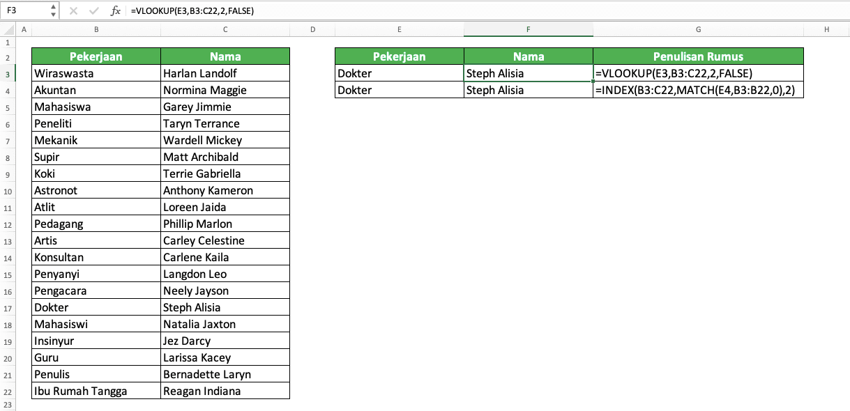 Cara Mencari Nama di Excel - Screenshot Contoh Implementasi VLOOKUP/INDEX MATCH Untuk Mencari Nama Dengan Referensi di Excel