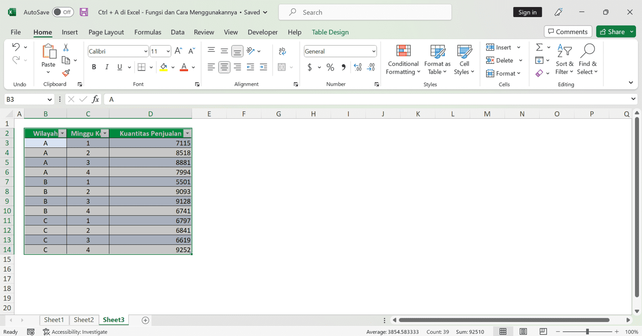 Ctrl + A di Excel: Fungsi dan Cara Menggunakannya - Screenshot Contoh Hasil Ctrl + A Ketika Ditekan Dua Kali di Cell Dalam Tabel Excel