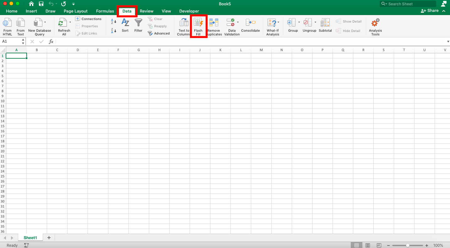 Cara Menggunakan dan Kegunaan/Fungsi Ctrl + E Pada Excel - Screenshot Lokasi Tombol Flash Fill di Tab Data