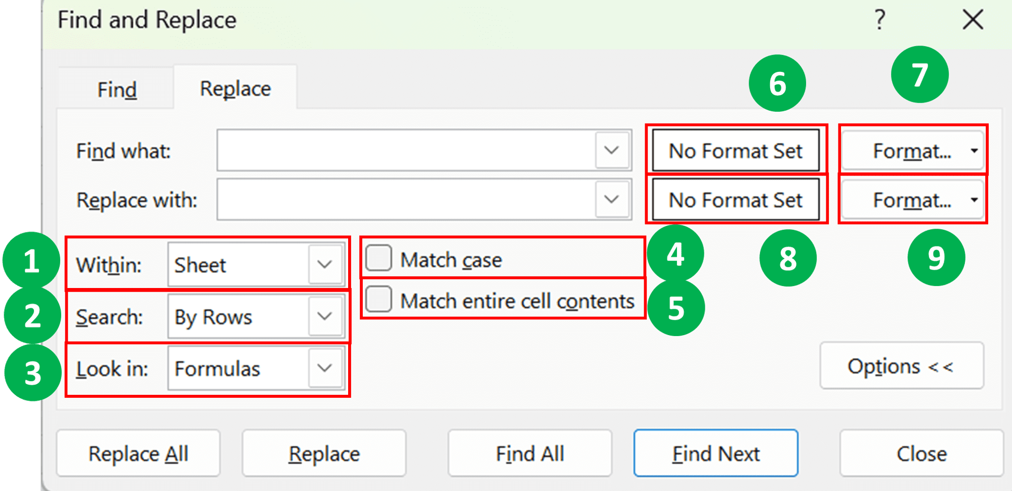 Ctrl + H di Excel: Fungsi dan Cara Menggunakannya - Screenshot Contoh Tampilan Boks Dialog Find and Replace di Tab Replace Setelah Tombol Options Diklik