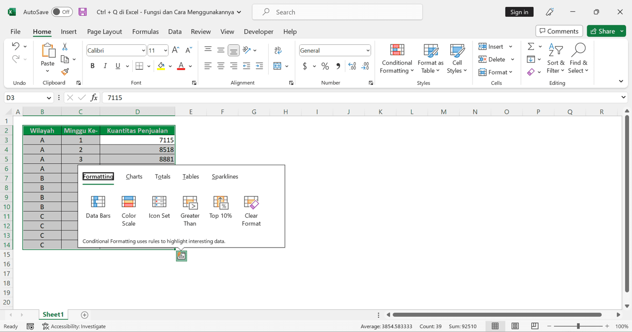 Ctrl + Q di Excel: Fungsi dan Cara Menggunakannya - Screenshot Contoh Tampilan Alat Bantu Quick Analysis Setelah Menggunakan Shortcut Ctrl + Q