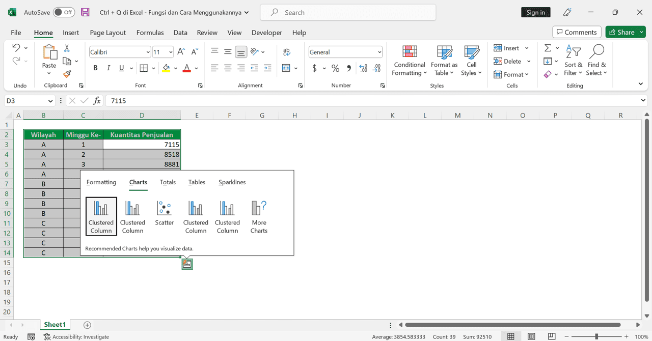 Ctrl + Q di Excel: Fungsi dan Cara Menggunakannya - Screenshot Tampilan Bagian Charts pada Alat Bantu Quick Analysis
