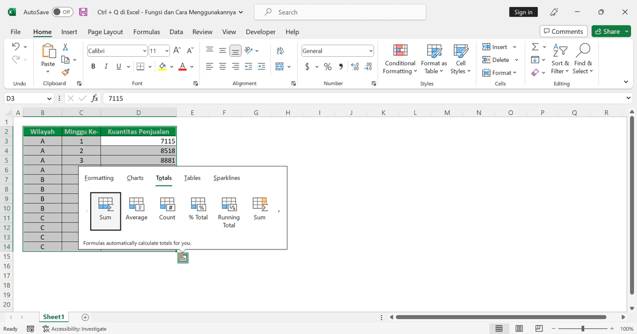 Ctrl + Q di Excel: Fungsi dan Cara Menggunakannya - Screenshot Tampilan Bagian Totals pada Alat Bantu Quick Analysis