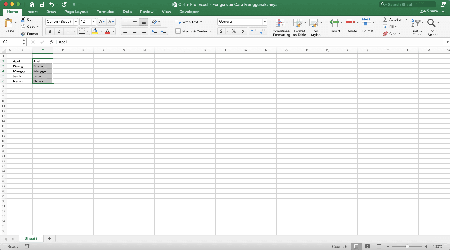 Ctrl + R di Excel: Fungsi dan Cara Menggunakannya - Screenshot Contoh Hasil Penyalinan ke Satu Kolom dengan Ctrl + R