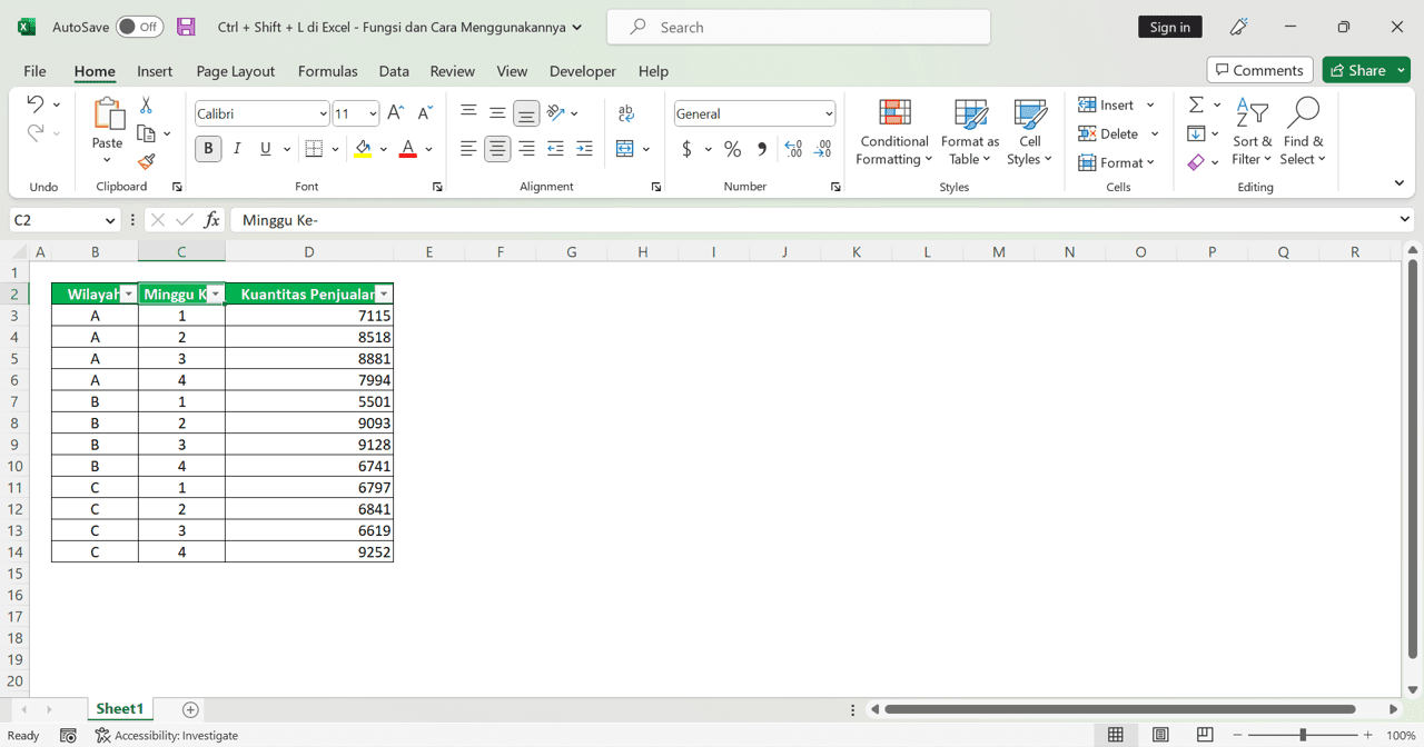 Ctrl + Shift + L di Excel: Fungsi dan Cara Menggunakannya - Screenshot Contoh Penempatan Kursor Cell untuk Penempatan Tombol Auto-Filter dengan Ctrl + Shift + L