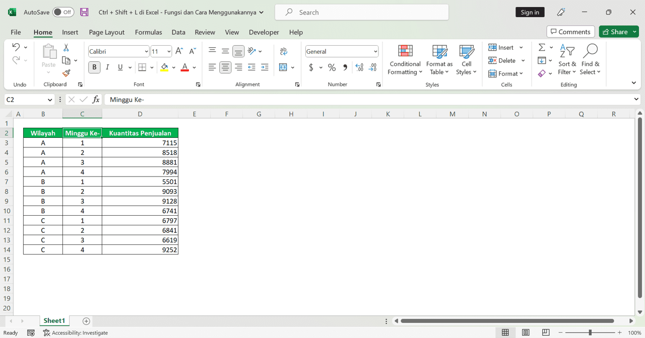 Ctrl + Shift + L di Excel: Fungsi dan Cara Menggunakannya - Screenshot Contoh Hasil Penempatan Tombol Auto-Filter dengan Ctrl + Shift + L