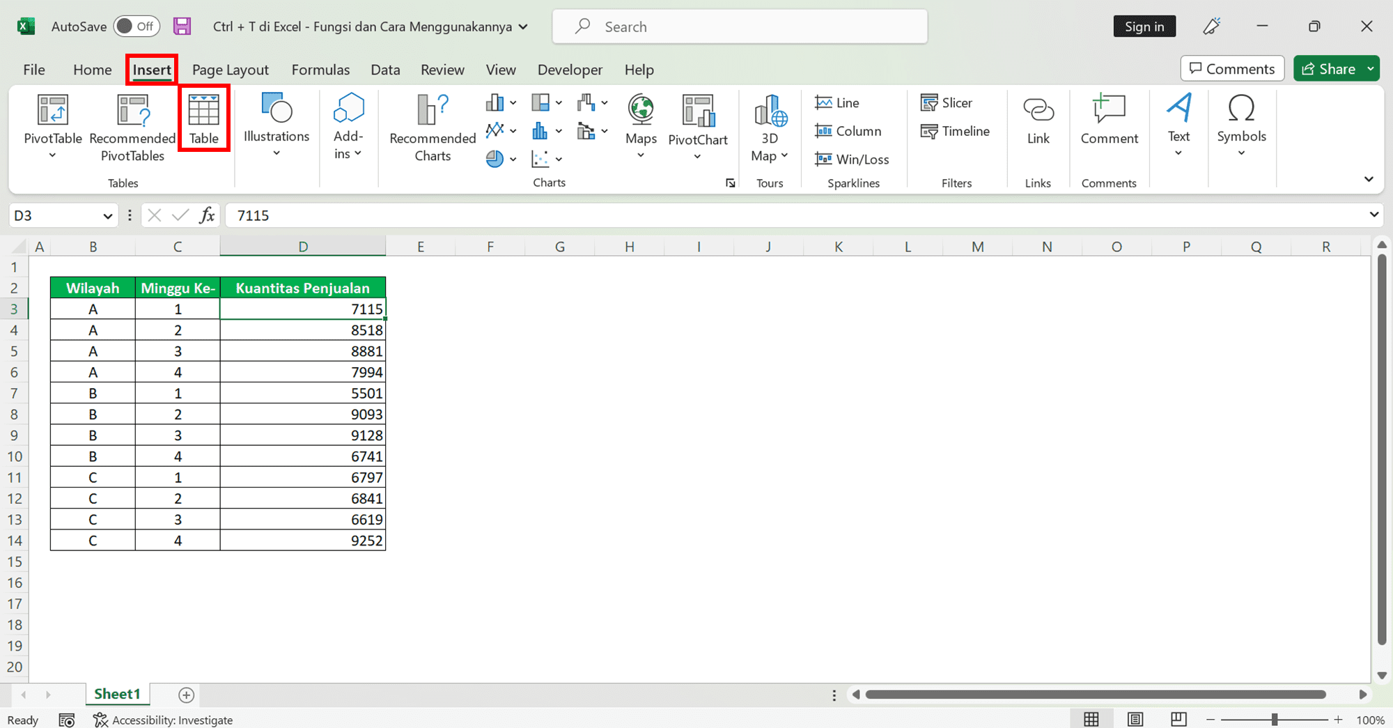 Ctrl + T di Excel: Fungsi dan Cara Menggunakannya - Screenshot Lokasi Tab Insert dan Tombol Table di Dalamnya