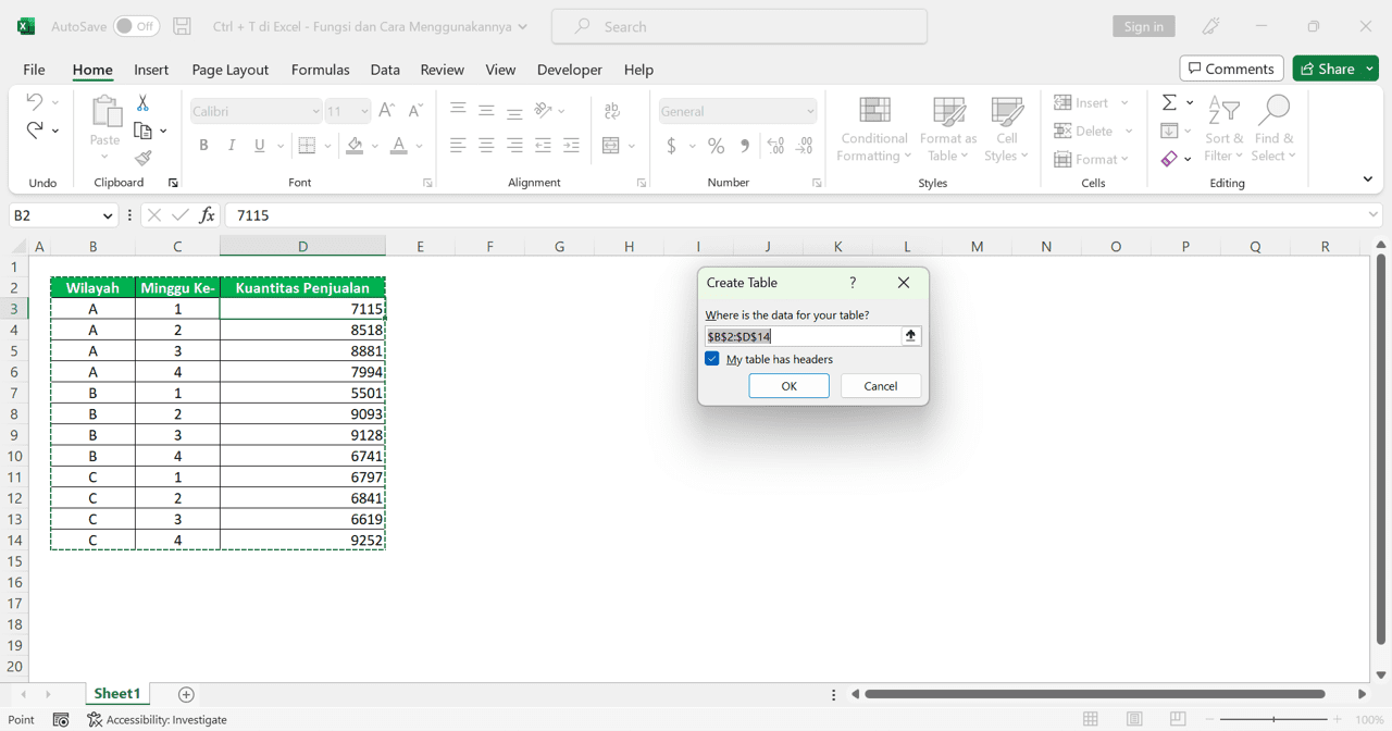 Ctrl + T di Excel: Fungsi dan Cara Menggunakannya - Screenshot Contoh Tampilan Boks Dialog Create Table Setelah Kita Menekan Ctrl + T