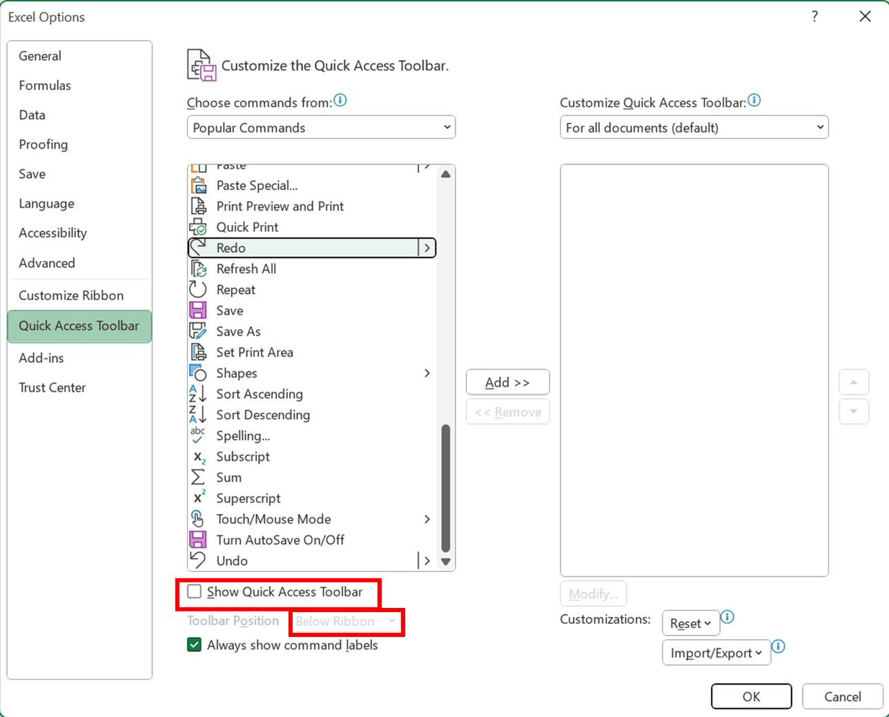 Ctrl + Y di Excel: Fungsi dan Cara Menggunakannya - Screenshot Lokasi Boks Centang Show Quick Access Toolbar dan Dropdown Toolbar Position