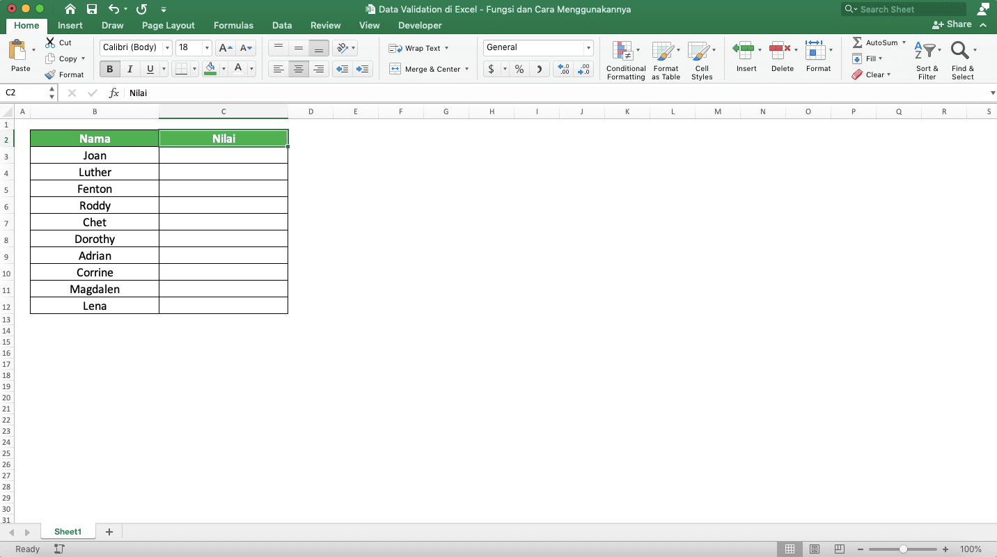 Data Validation di Excel: Fungsi dan Cara Menggunakannya - Screenshot Contoh Sheet yang Cell-Cellnya Memiliki Data Validation