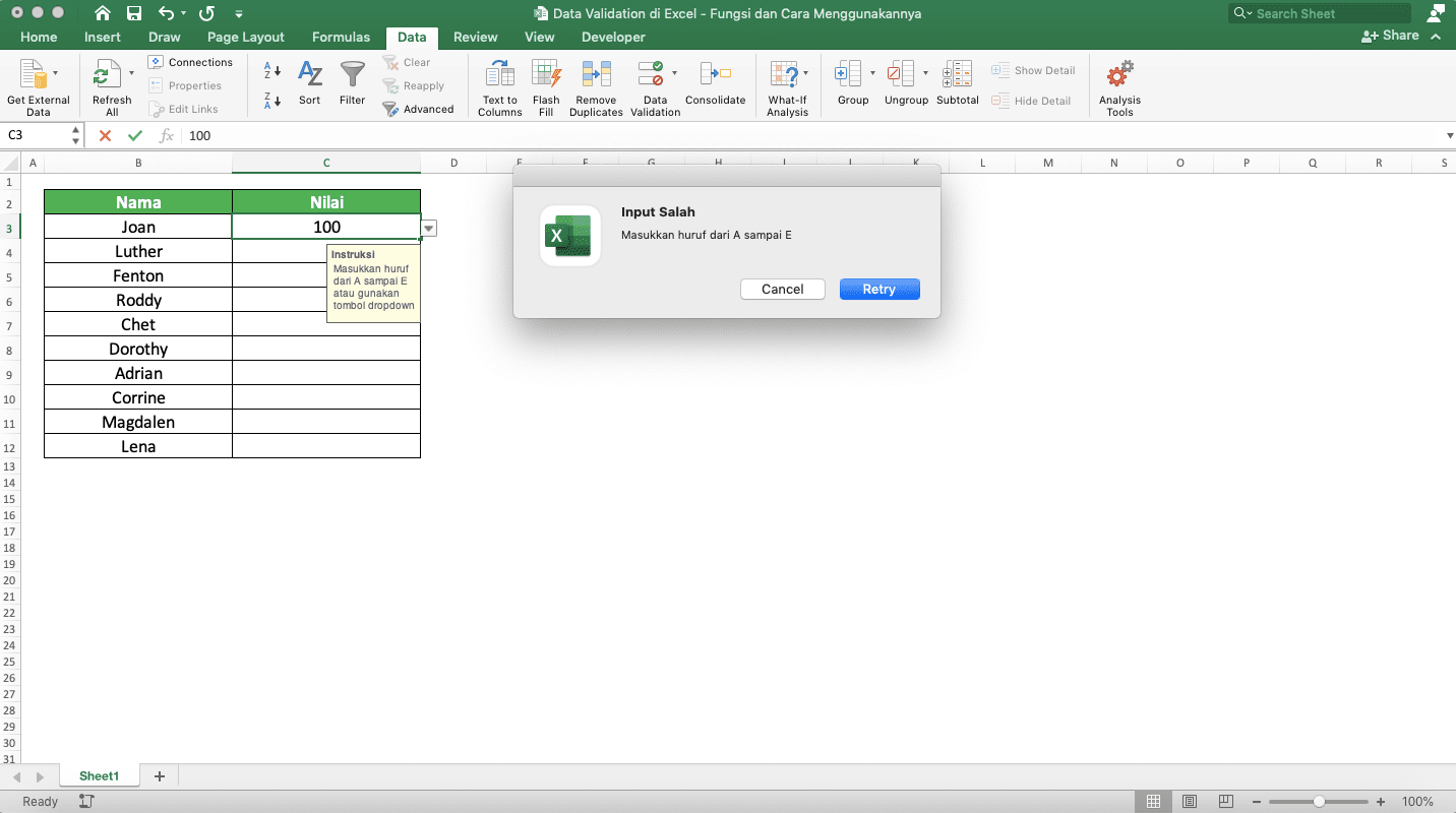 Data Validation di Excel: Fungsi dan Cara Menggunakannya - Screenshot Dialog Box Stop Hasil Salah Input di Cell Nilai