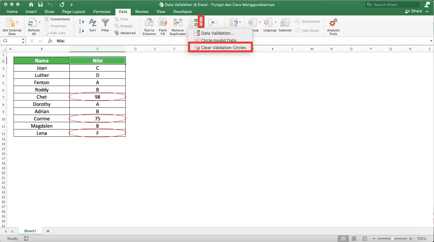 Data Validation di Excel: Fungsi dan Cara Menggunakannya - Screenshot Lokasi Tombol Dropdown Data Validation dan Pilihan Clear Validation Circles
