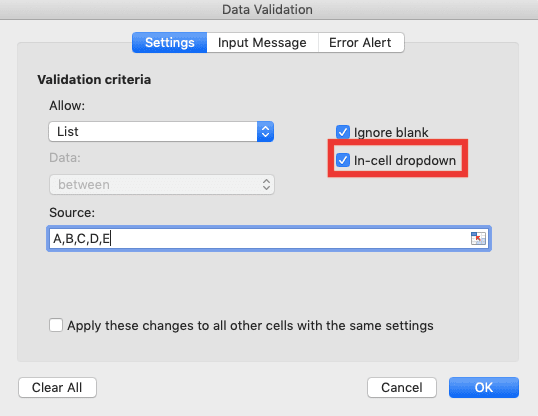 Data Validation di Excel: Fungsi dan Cara Menggunakannya - Screenshot Lokasi Boks Centang In-Cell Dropdown untuk Jenis List di Dialog Box Data Validation