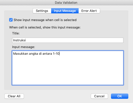 Data Validation di Excel: Fungsi dan Cara Menggunakannya - Screenshot Contoh Pengisian Tab Input Message