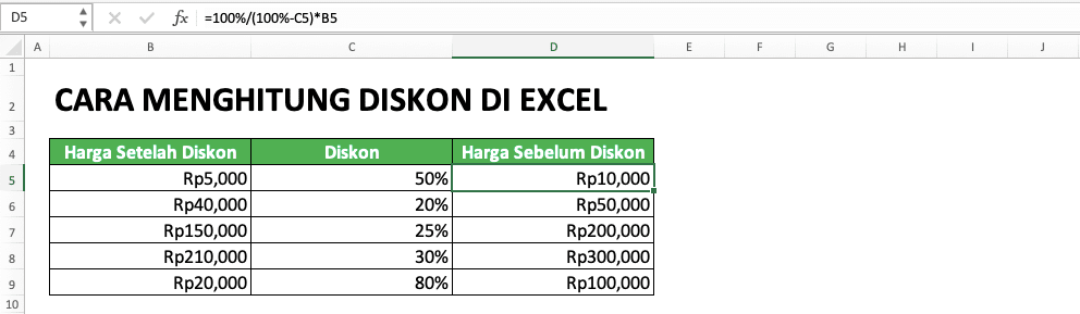 Cara Menghitung Diskon di Excel: Penulisan Rumus dan Contoh - Screenshot Contoh Perhitungan Harga Awal Sebelum Diskon