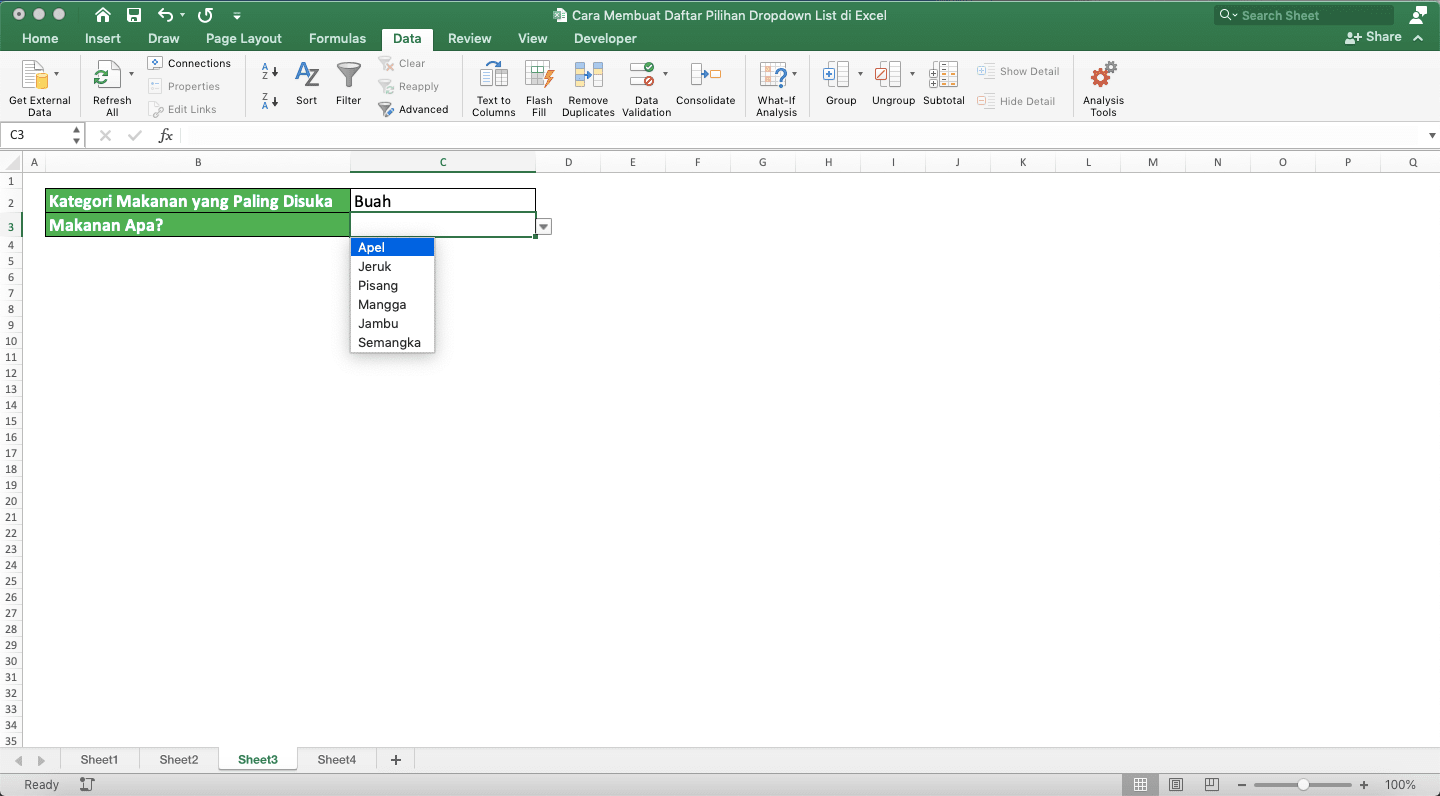 Cara Membuat Daftar Pilihan/Dropdown List di Excel - Screenshot Contoh Dropdown List Bertingkat/Dependen 1