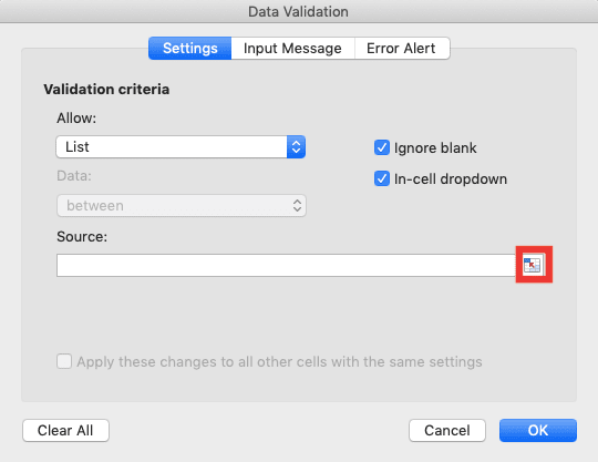 Cara Membuat Daftar Pilihan/Dropdown List di Excel - Screenshot Lokasi Tombol Input Cell Range di Boks Teks Source 1