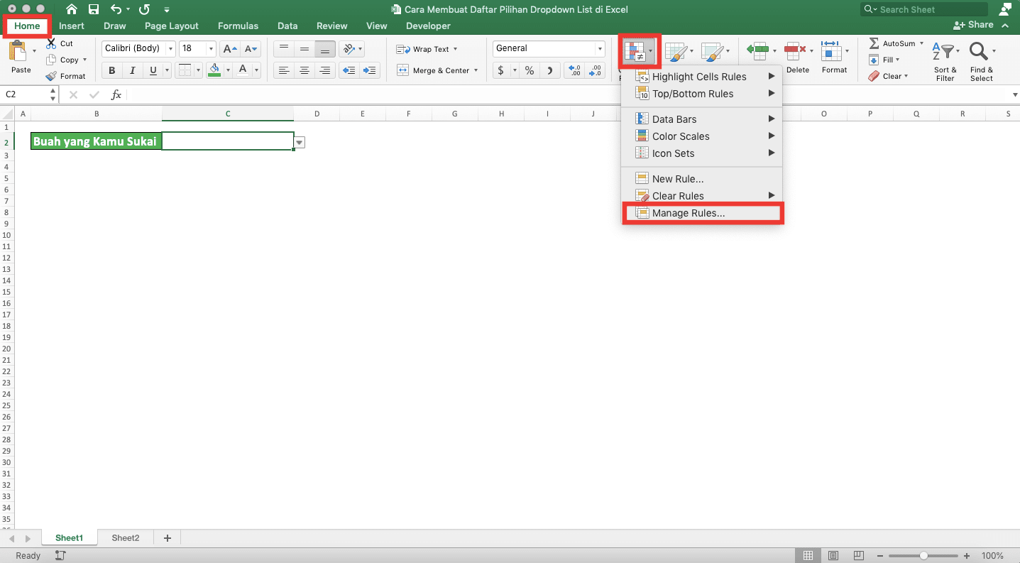 Cara Membuat Daftar Pilihan/Dropdown List di Excel - Screenshot Lokasi Tab Home, Dropdown Tombol Conditional Formatting, dan Pilihan Manage Rules...nya