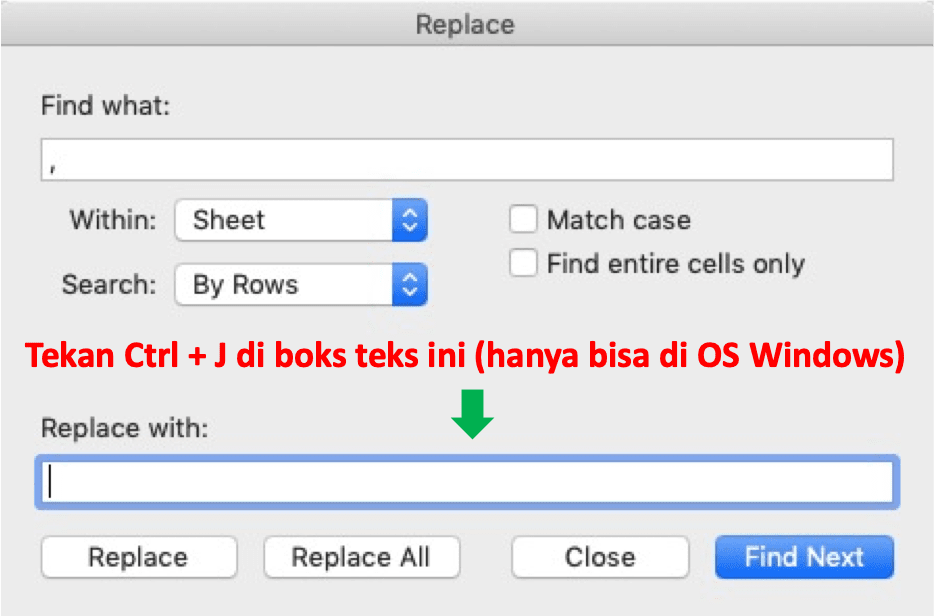 Cara Enter Tulisan di Excel - Screenshot Contoh Pengaturan di Dialog Box Find & Replace untuk Cara Enter di Excel Menggunakan Fitur Find & Replace