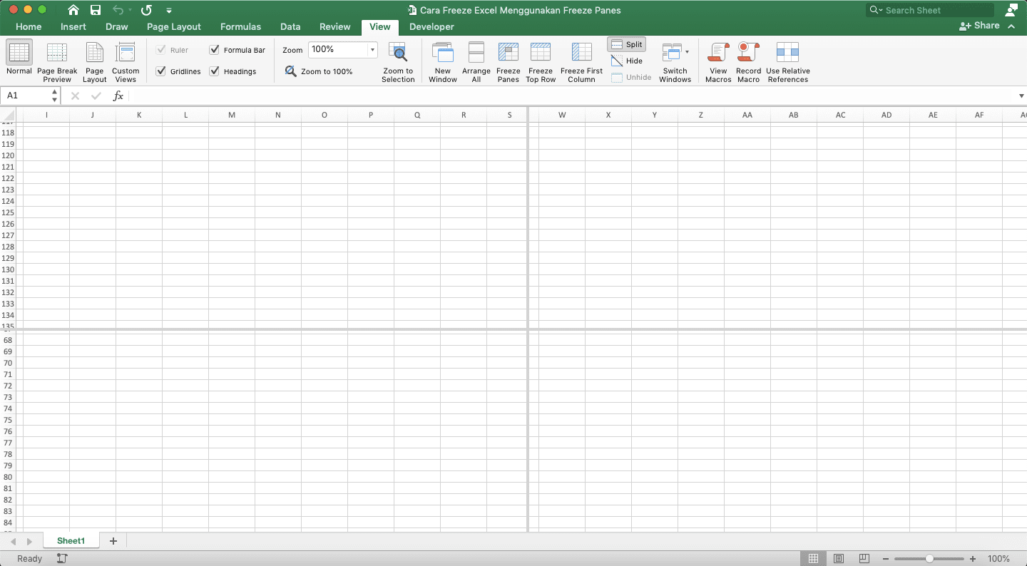 Cara Freeze Excel Menggunakan Freeze Panes - Screenshot Contoh Hasil Split View di Excel