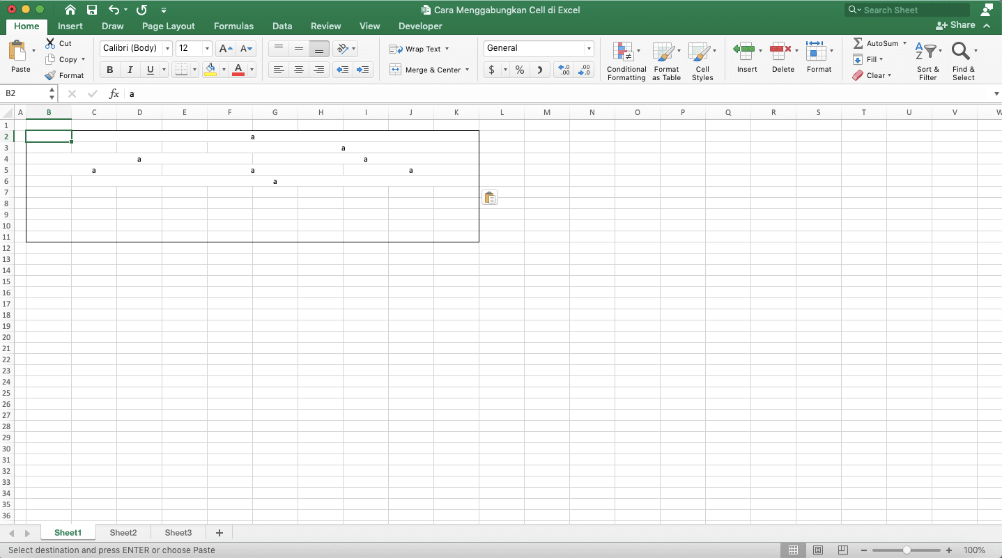 Cara Menggabungkan Cell di Excel - Screenshot Contoh Hasil Penggabungan Cell Menggunakan Format Center Across Selection