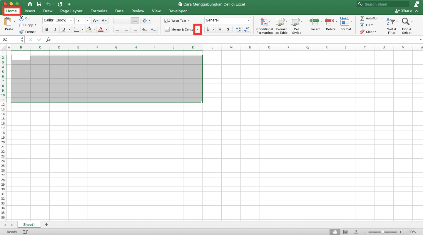 Cara Menggabungkan Cell di Excel - Screenshot Cara Menggabungkan Cell di Excel dengan Menu Merge, Langkah 2