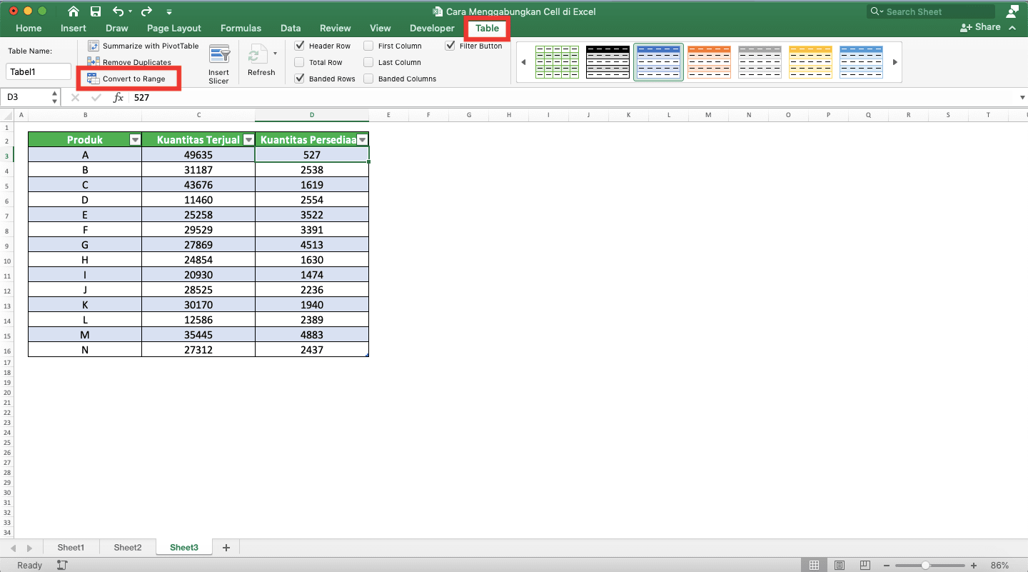 Cara Menggabungkan Cell di Excel - Screenshot Lokasi Tab Table dan Tombol Convert to Range di Excel