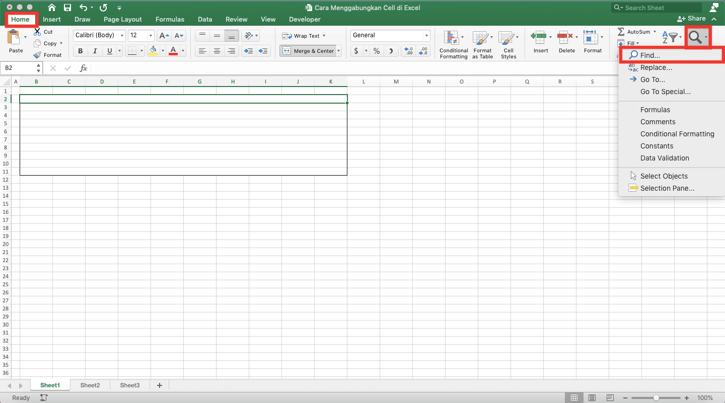 Cara Menggabungkan Cell di Excel - Screenshot Lokasi Tab Home, Tombol Dropdown Find & Select, dan Pilihan Find di Excel