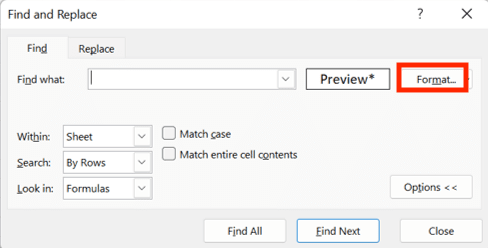 Cara Menggabungkan Cell di Excel - Screenshot Lokasi Tombol Format di Dialog Box Find