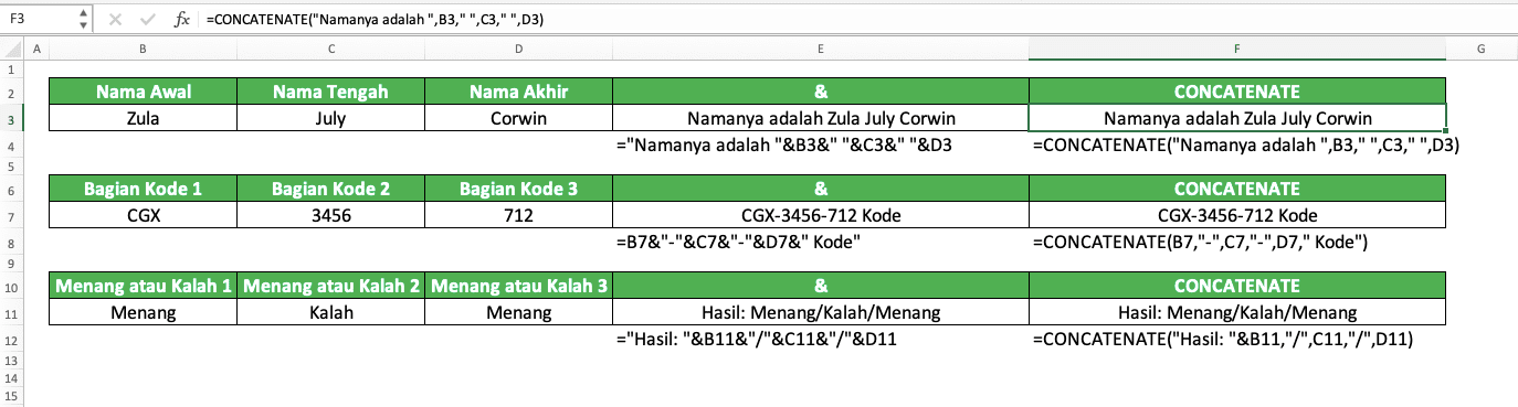 Cara Menggabungkan Kolom di Excel - Screenshot Contoh Implementasi Penggabungan Kolom dengan Teks Tambahan