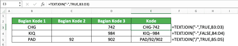 Cara Menggabungkan Kolom di Excel - Screenshot Contoh Implementasi TEXTJOIN untuk Menggabungkan Kolom di Excel