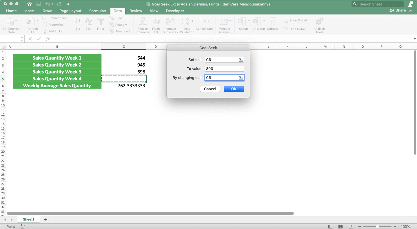 Goal Seek Excel Adalah…; Definisi, Fungsi, dan Cara Menggunakannya - Screenshot Contoh Input Goal Seek
