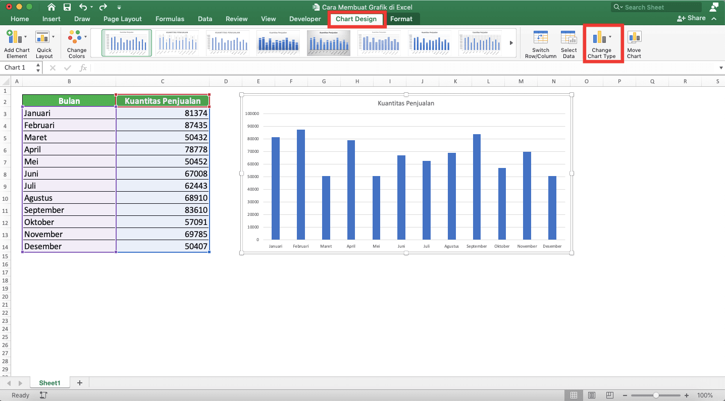 Cara Membuat Grafik di Excel - Screenshot Lokasi Tombol Change Chart Type di Excel