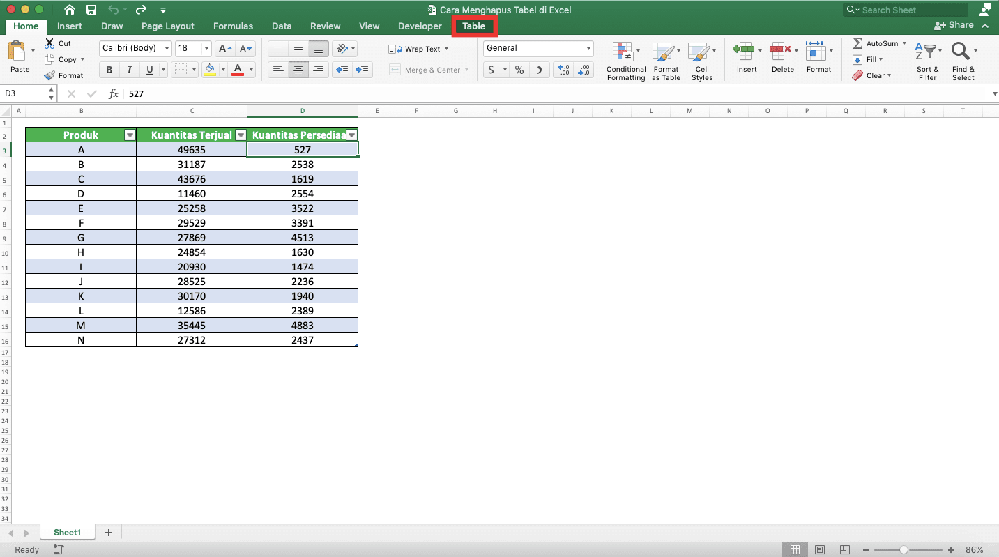 Cara Menghapus Tabel di Excel - Screenshot Langkah Menghapus Formatting Otomatis Tabel 2