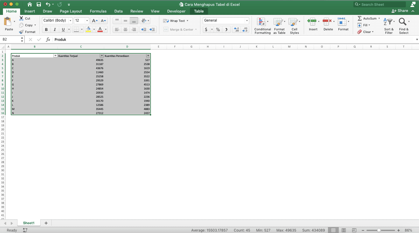 Cara Menghapus Tabel di Excel - Screenshot Langkah Menghapus Formatting Otomatis & Manual Tabel 4