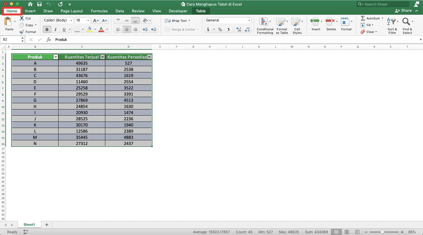 Cara Menghapus Tabel di Excel - Screenshot Langkah Tabel Beserta Formatting dan Isinya 2