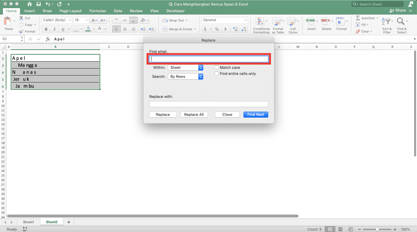 Cara Menghilangkan Semua Spasi di Excel - Screenshot Cara Menghilangkan Semua Spasi di Excel dengan Fitur Excel, Langkah 3