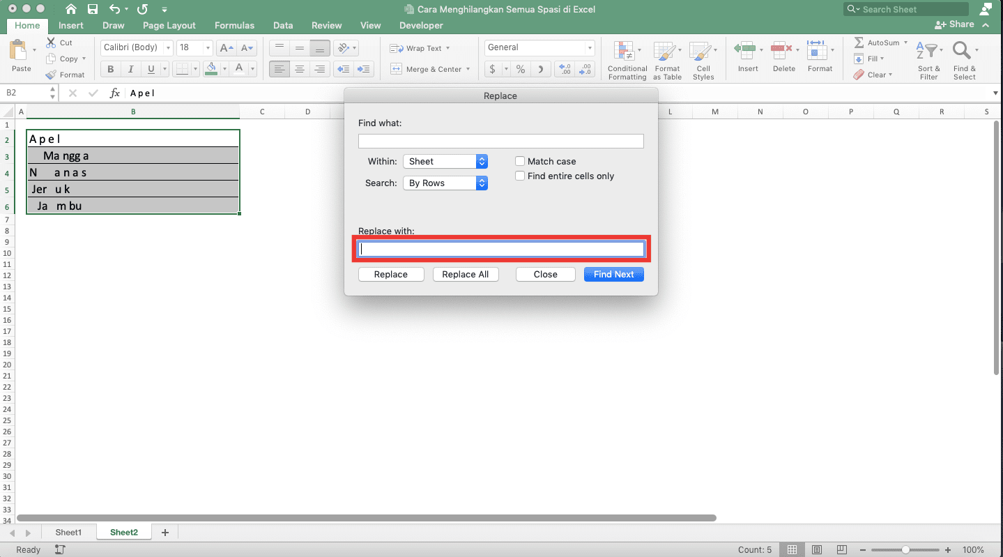 Cara Menghilangkan Semua Spasi di Excel - Screenshot Cara Menghilangkan Semua Spasi di Excel dengan Fitur Excel, Langkah 4