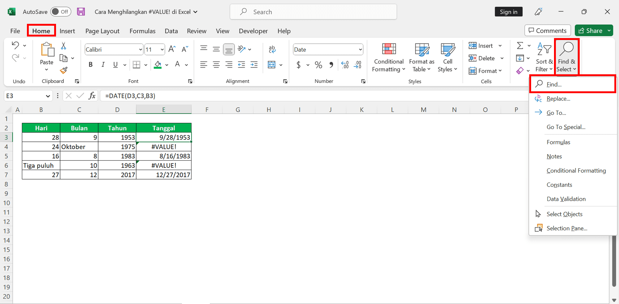 Cara Menghilangkan #VALUE! di Excel - Screenshot Lokasi Tab Home, Tombol Dropdown Find & Select, dan Pilihan Find...