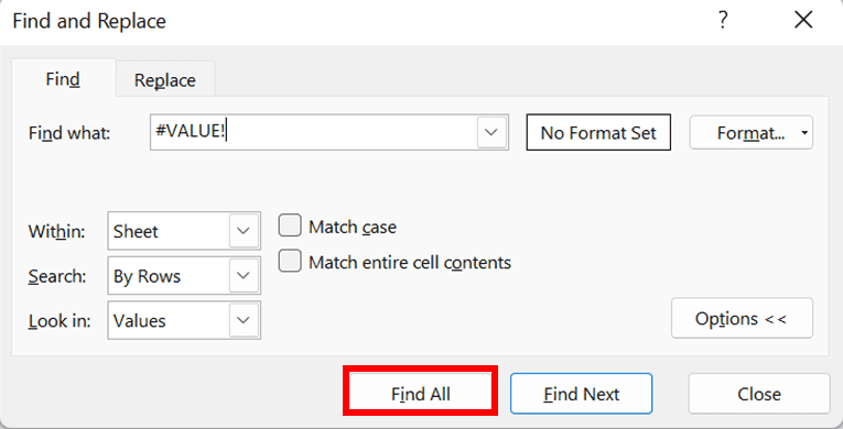 Cara Menghilangkan #VALUE! di Excel - Screenshot Lokasi Tombol Find All di Dialog Box Find and Replace