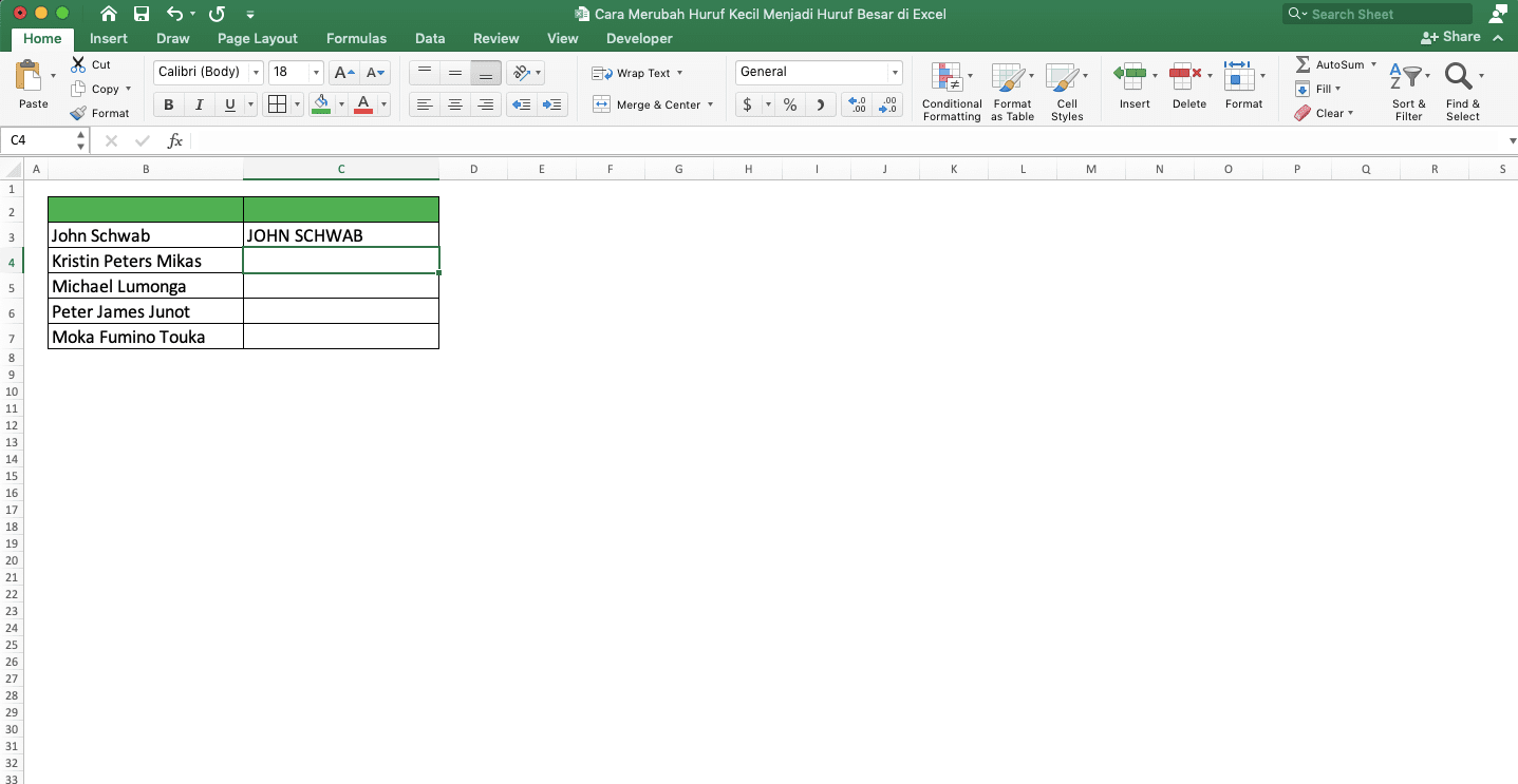 Cara Merubah Huruf Kecil Menjadi Huruf Besar di Excel - Screenshot Letak Kursor Untuk Mulai Implementasi Flash Fill