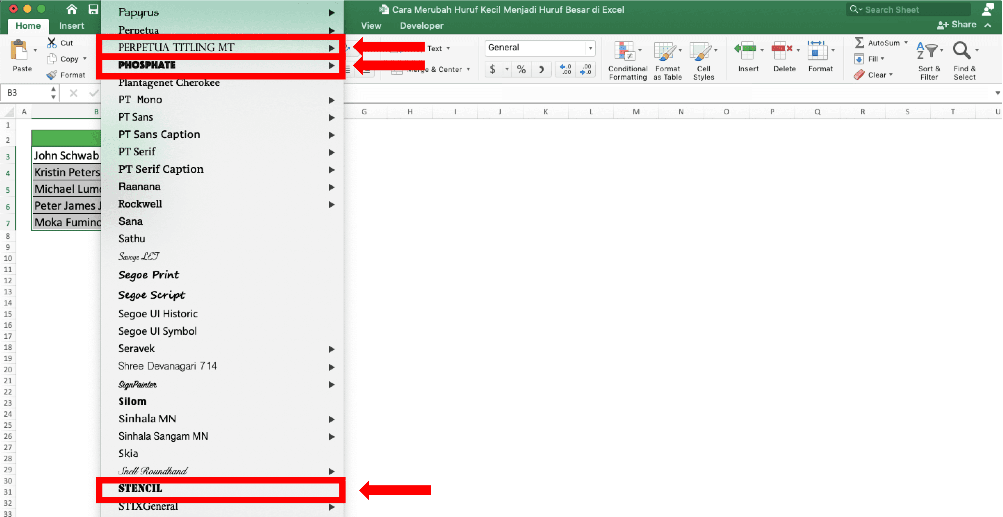Cara Merubah Huruf Kecil Menjadi Huruf Besar di Excel - Screenshot Contoh Jenis Font Dengan Huruf Besar Semua