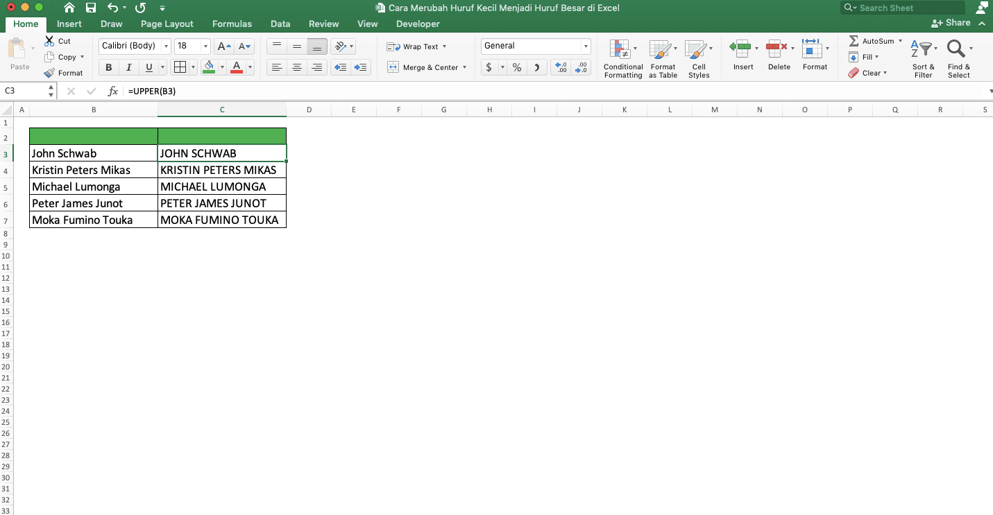 Cara Merubah Huruf Kecil Menjadi Huruf Besar di Excel - Screenshot Contoh Penggunaan Rumus UPPER di Excel