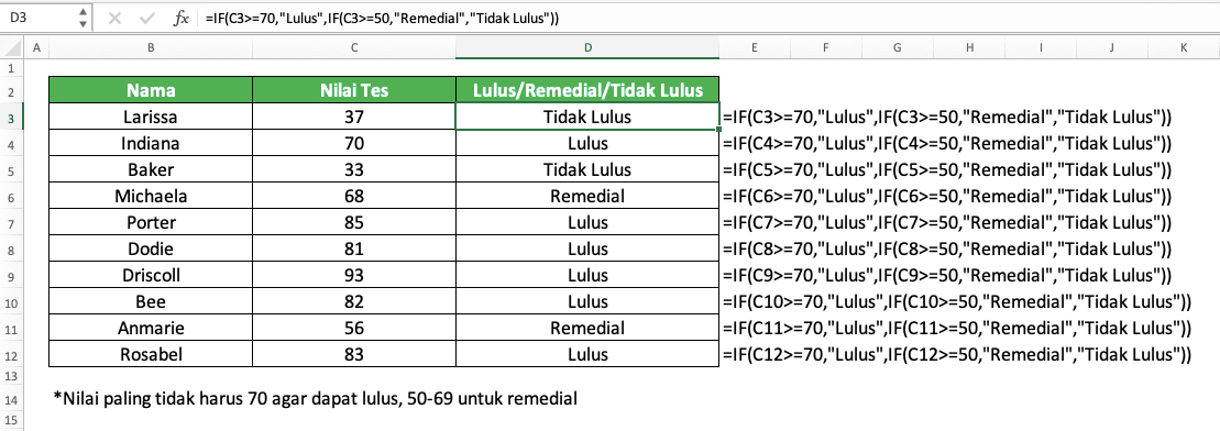 Cara Menuliskan Rumus IF untuk Lulus/Tidak Lulus di Excel - Screenshot Contoh Implementasi IF untuk Penentuan Lulus/Remedial/Tidak Lulusnya Nilai Tes